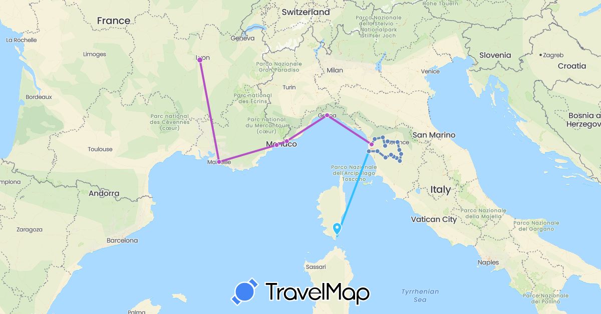 TravelMap itinerary: driving, cycling, train, boat in France, Italy (Europe)