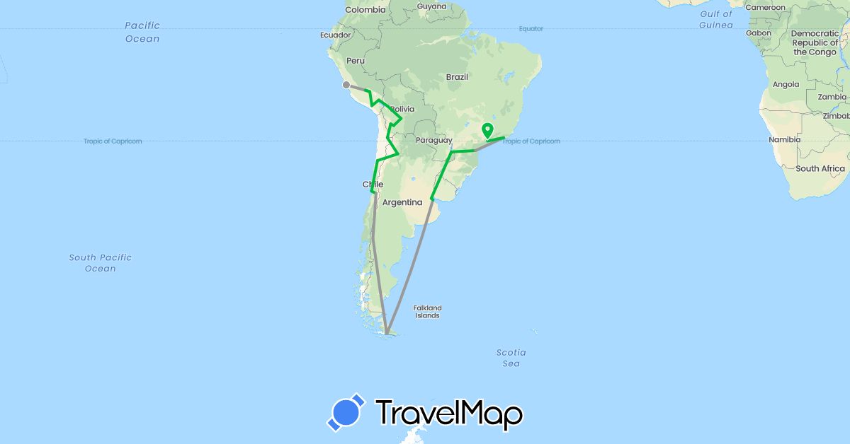 TravelMap itinerary: driving, bus, plane in Argentina, Bolivia, Brazil, Chile, Peru (South America)